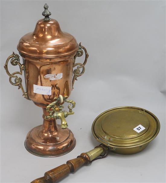 A copper tea urn and a warming pan